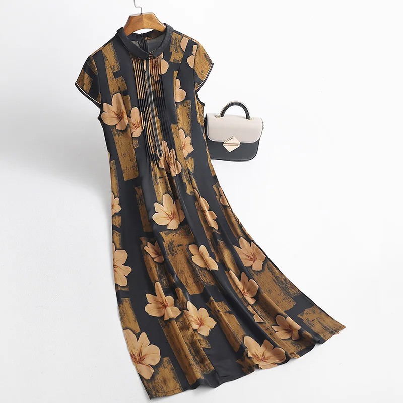 

2021 Women Spring Summer Silk Casual Dress Female Print Plus Size Short Sleeve Pleated Dresses Ladies Vintage A-line Vestido K12