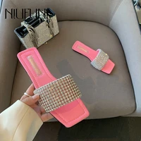 niufuni summer open toe rhinestone flats womens sandals slippers simple solid color beach slides shoes outdoor casual slip on