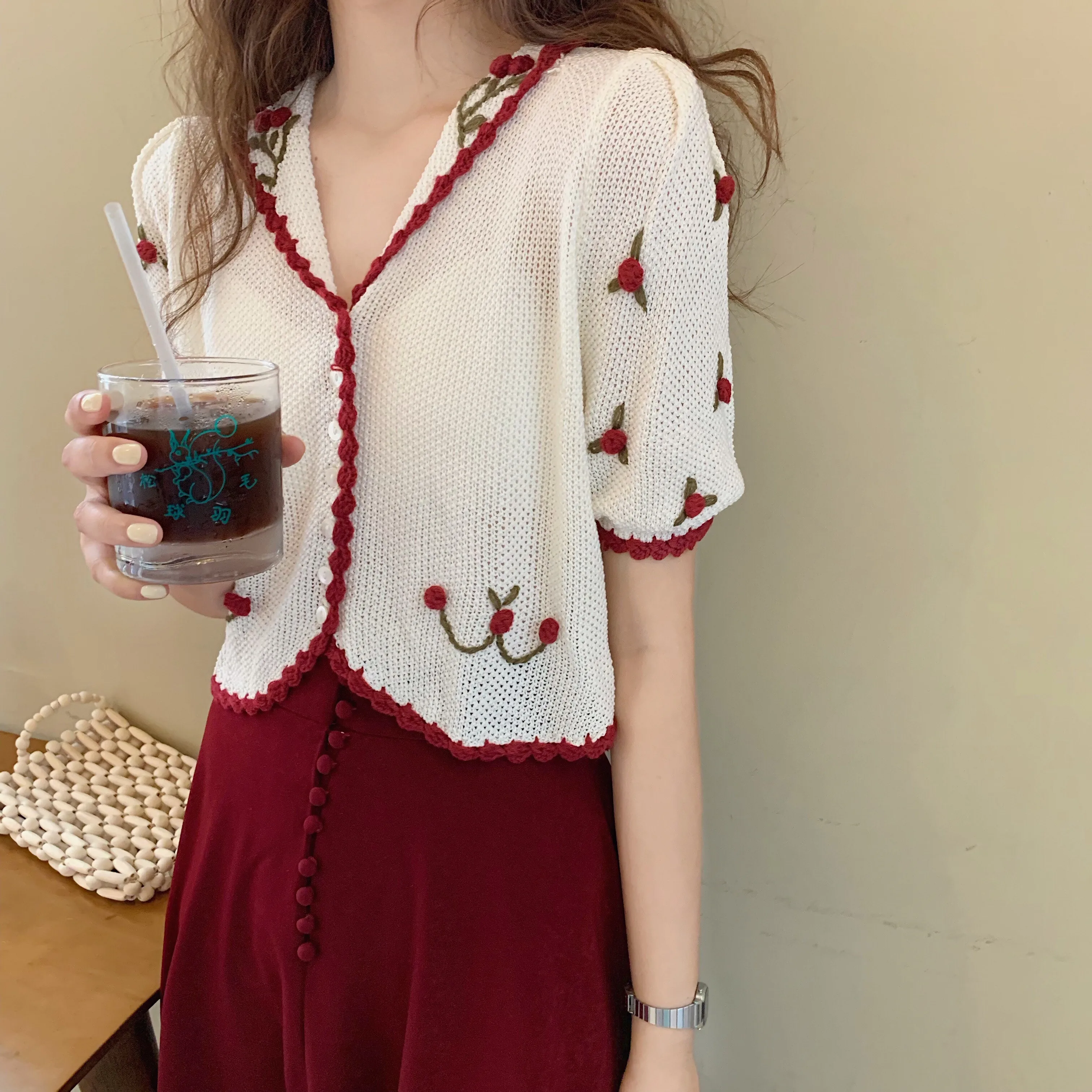 

Women's Large Size French Top for Plump Girls 2021 New Summer Retro Crocheted Hollow Thin Short Sleeve Thin Sweater