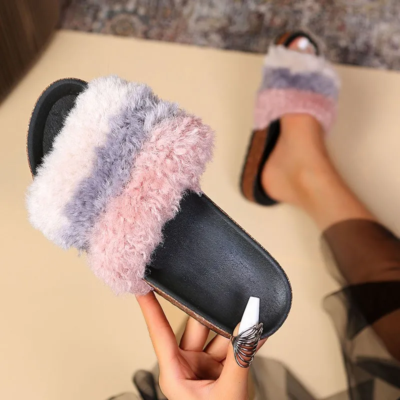 

Winter Women Faux Fur Slippers Striped Fluffy Short Plush Slides Outdoor Platform Wedge Open Toe Casual Leisure Shoes Ladies