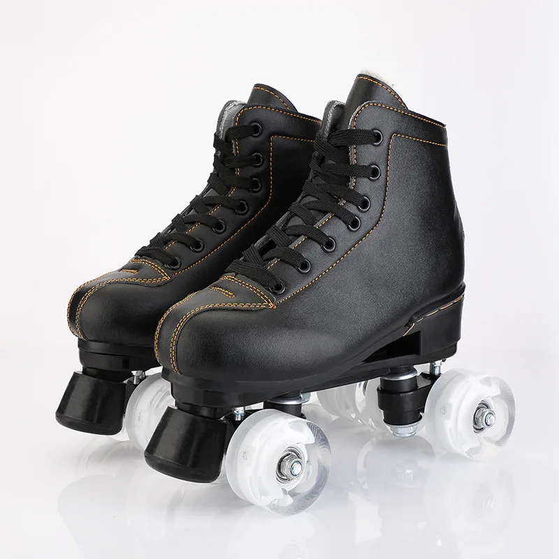 Black Lether Luxurious Roller Skates Shoes Two Line PU 4-Wheel Roller Outdoor Adult Man Woman Kids Patines Europe Size 35-45