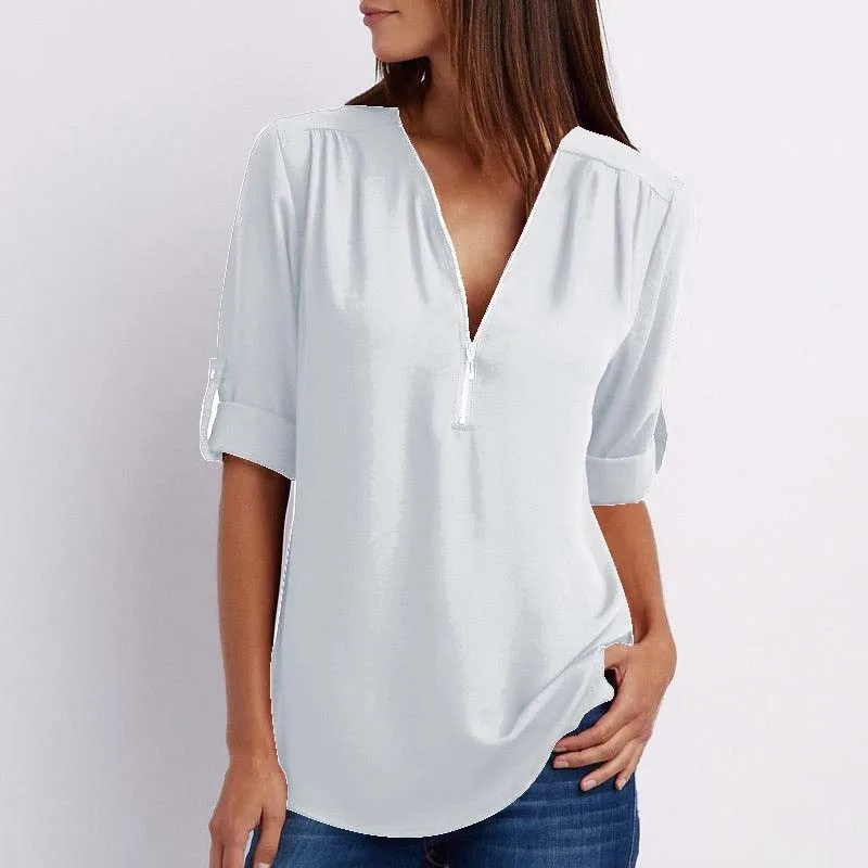 

Shirts Plus Neck Blouses Womens Tee Shirts Solid Size Tops Tops Sleeve Women Zipper V Short Female Sexy Casual Clothes Women Shi