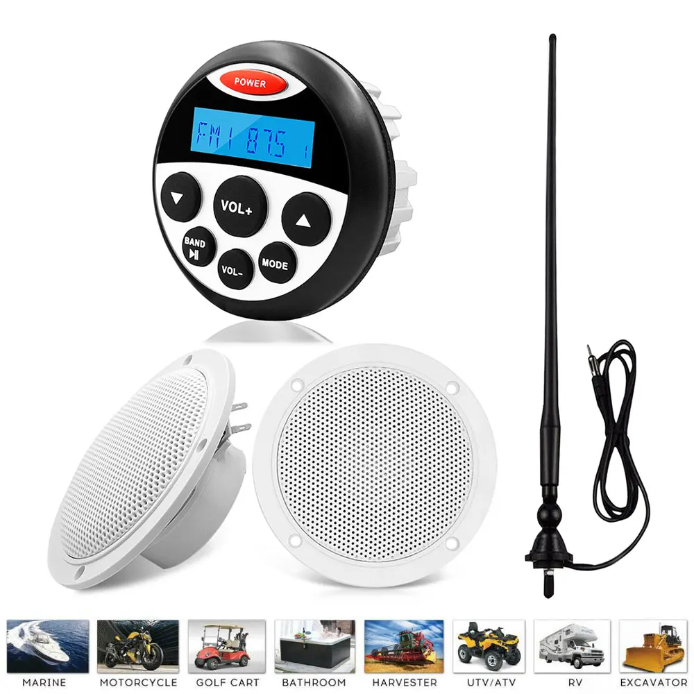Водонепроницаемый морской аудио Bluetooth стерео FM AM приемник MP3-плеер + 4-дюймовые морские колонки для лодки для яхты мотоцикла + радиоантенна