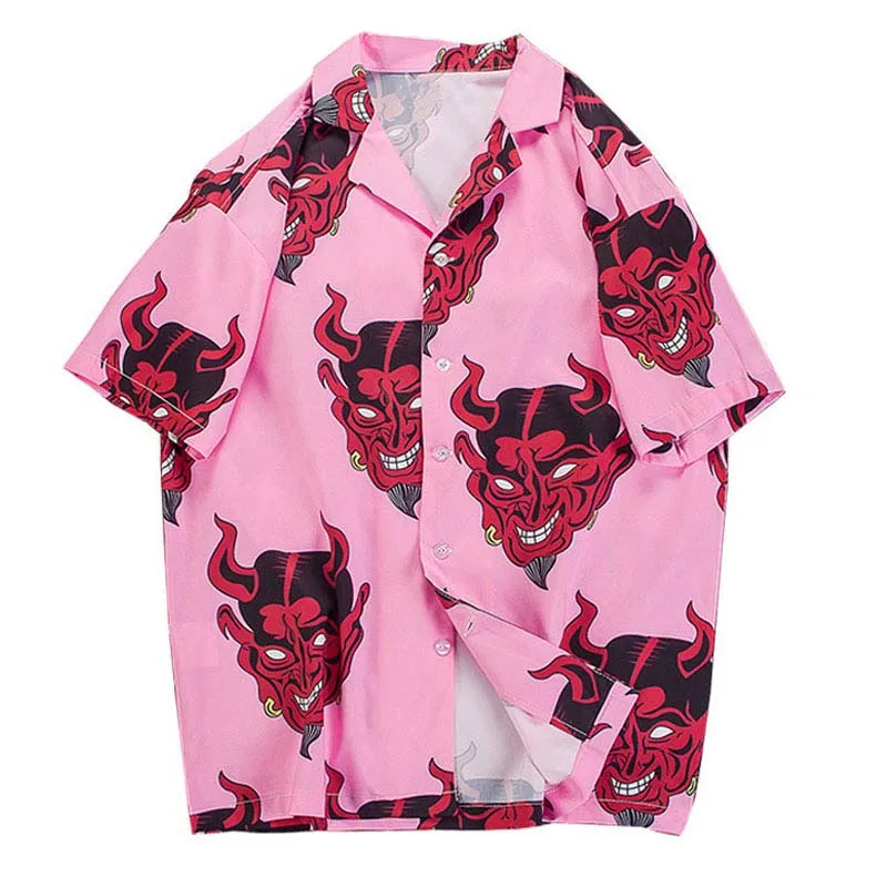 

Devil Print Shirts Summer Hawaiian Shirts Men Tops Casual Short Sleeve Shirt Hip Hop Streetwear Cool Holiday Beachwear S-4XL