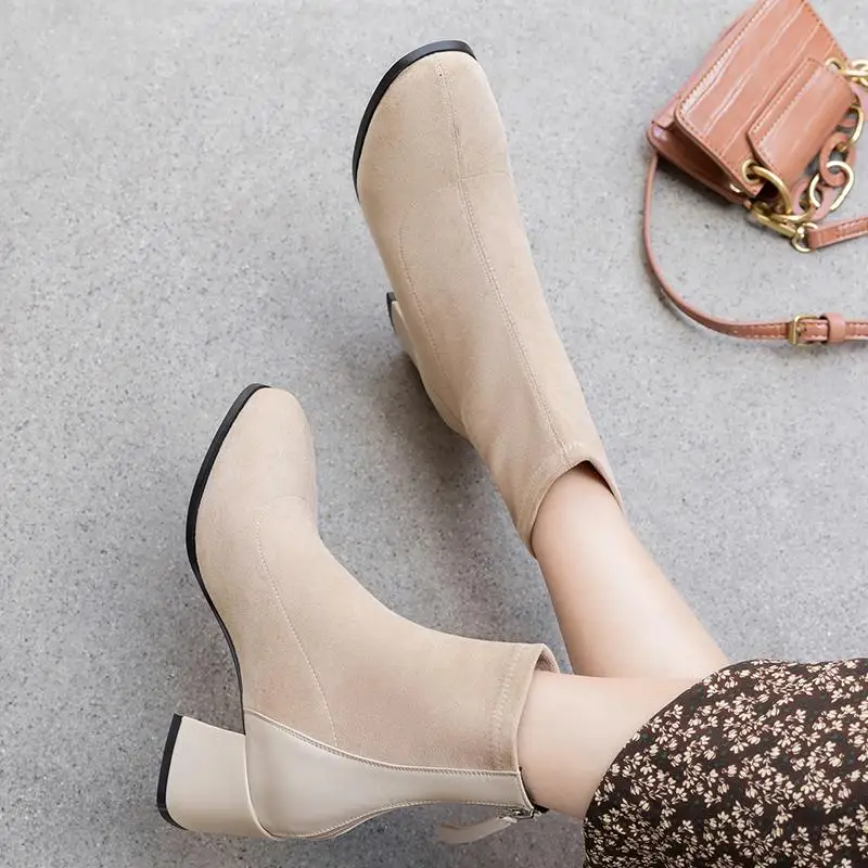 

Boots Women Shoes zips Mid-Calf Square Heels Riband Leather Breathtable Sock Shoes outdoor party Motorcycle Boots women