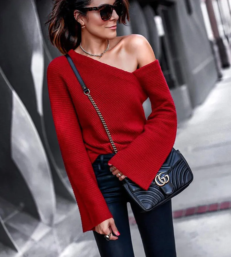 

2020 Autumn and Winter One-word Neck Long-sleeved Sweater Women's Knitted Warm Loose Casual Sweater New Fashion Sweater
