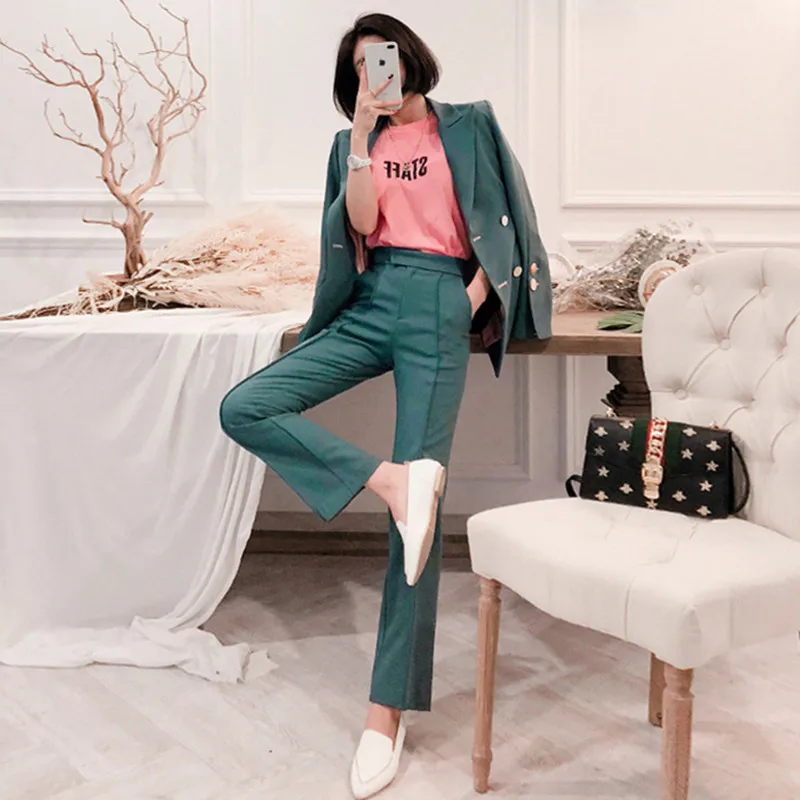 

2019 Новое поступление, розовый блейзер и штаны-футляр, зеленый комплект из 2 предметов, плюс размер, костюм, осенне-зимний офисный комплект из ...