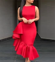 new red arabic dubai evening dress 2021 o neck satin ruffles asymmetrical formal party gown abiye avondjurk