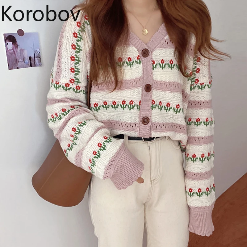 Женский вязаный кардиган Korobov Свободный Красный с длинными рукавами в Корейском
