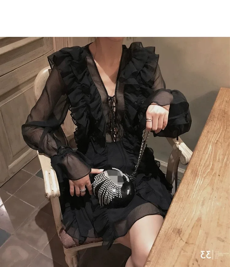 Шикарное шифоновое платье с длинным рукавом и V-образным вырезом короткое