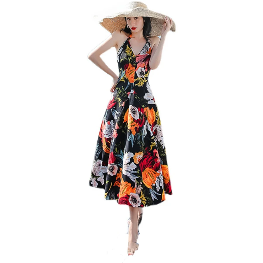 

Summer 2021 Runway Elegant Vintage Boho Backless Fairy Casual Beach Vacation Party Vestidos New Women Long Floral Slip Dresses