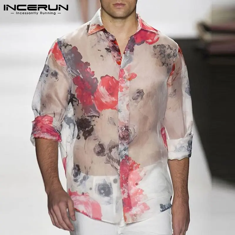 

Men Mesh Shirt Printing Transparent Streetwear Lapel Long Sleeve Casual Men Clothing 2022 Sexy Party Nightclub Camisas INCERUN