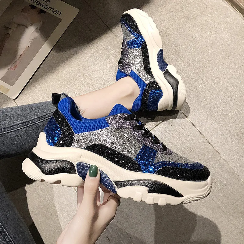 Прямая поставка женский Блестящий на платформе кроссовки модные женские ботинки