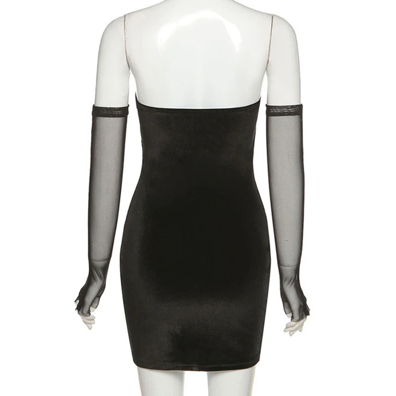 

Fashion Sexy Party Beach Birthday Black Strapless Dress Women New Slim Removable Mesh Sleeves Female Dress