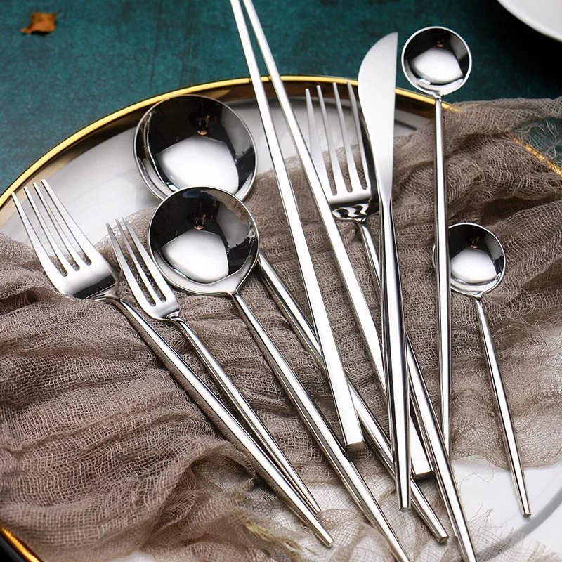 Solid Steak Fork Set Stainless Steel Nordic Flatware Knife Spoon Couverts De Table Inox Simple Western Tableware EE6DC | Дом и сад