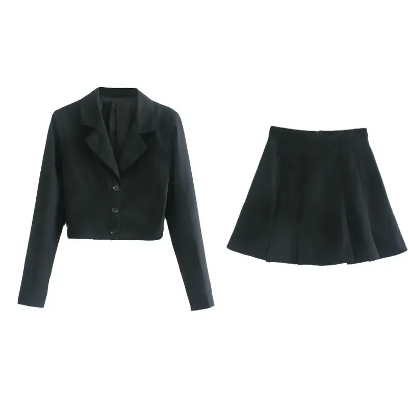 

Summer blazer and skirt set women long sleeve cropped blazer black mini skirt high waist pleated skirt 2 piece set women 2020