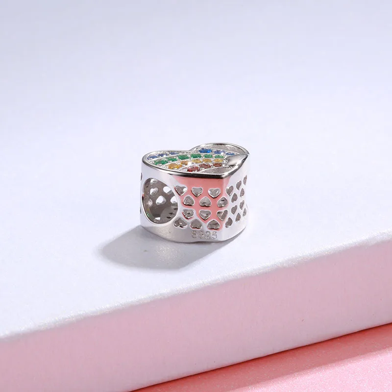 100% Стерлинговое Серебро 925 пробы полые красочные циркониевые радужные бусины