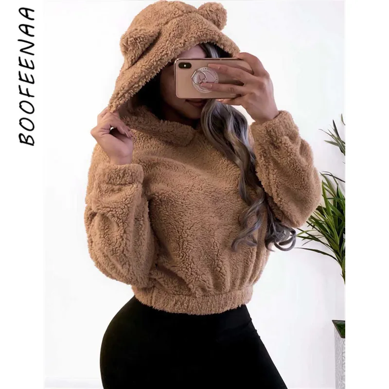 BOOFEENAA плюшевый топ с ушками медведя плюшевый топ с капюшоном Женская милая ворсистая Толстовка Пуловер Осень Зима C34-AA75