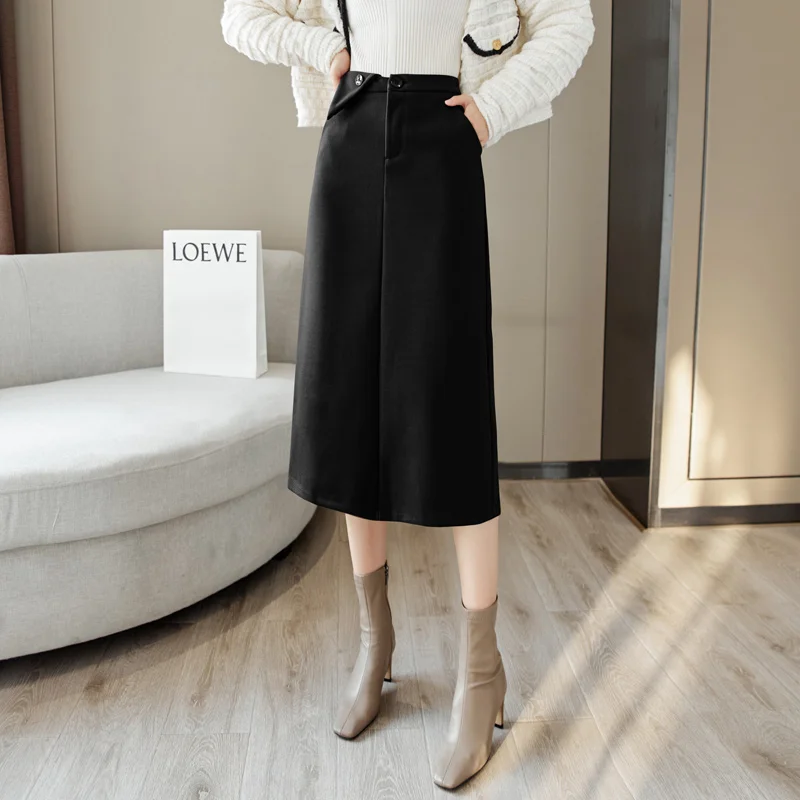 

Wool Long Midi Skirts Women Plus Size Vintage Elegant Straight Skirt Casual Vintage Office Lady Pencil Skirt Pockets Winter M530