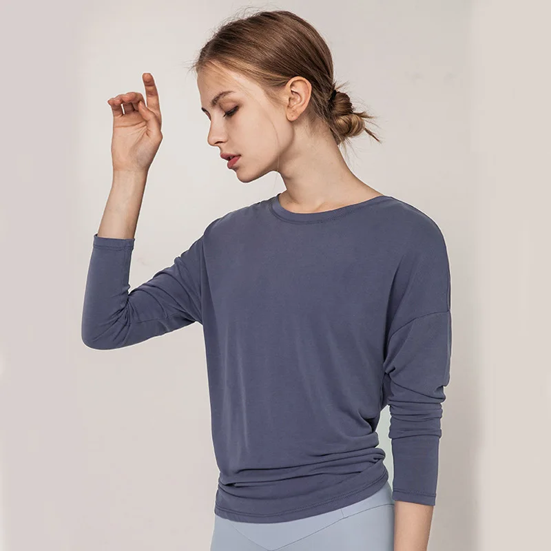 Navy Blue Color Long Sleeve Women Yoga Tops Open Back Running Clothes Pilates Loose Workout Sportswear Quick Dry Dance Shirts for Gym Fitness - Цвет: Navy Blue Color