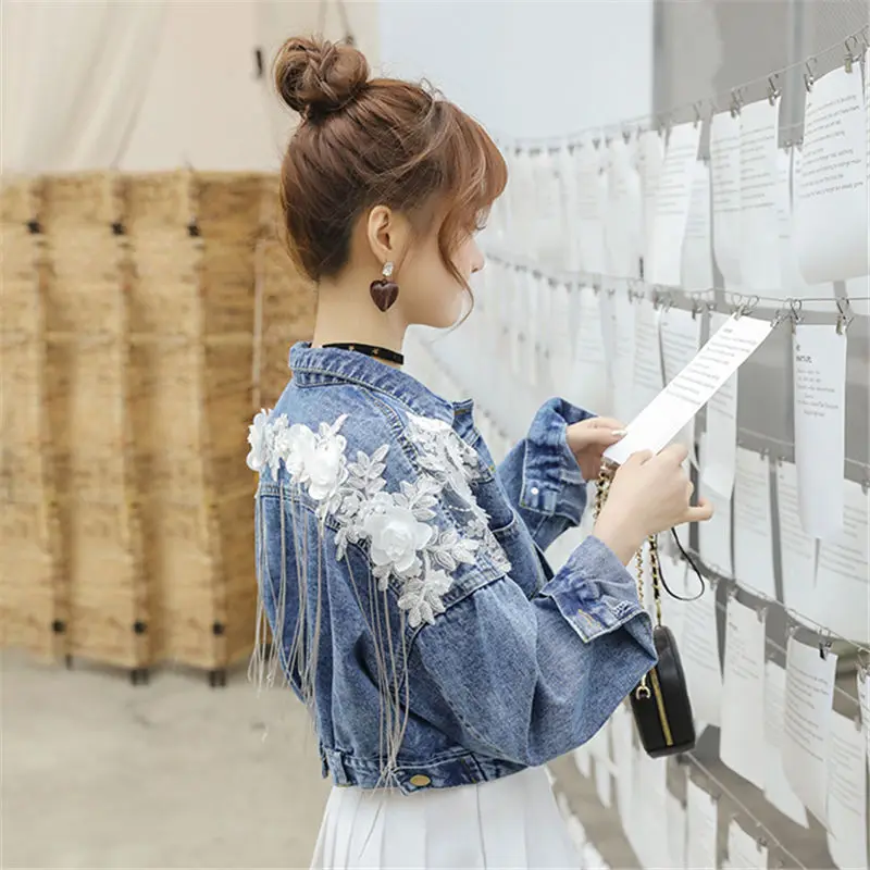Autumn Spring Denim Jacket Women Fashion Coats Bling Sequins Long Sleeves Embroidery Basic XZ011 | Женская одежда