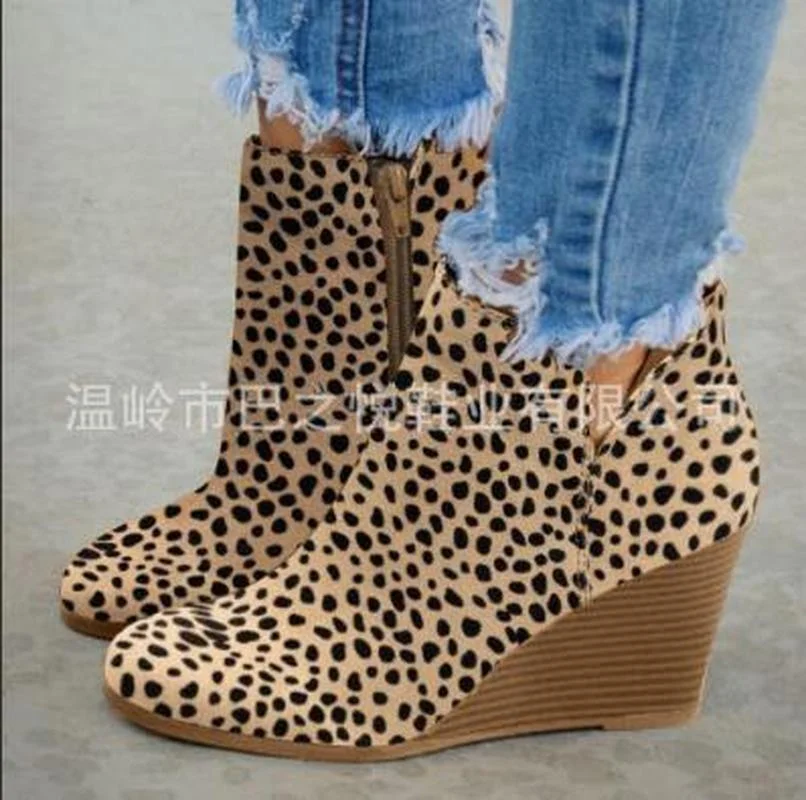 

Pointed Toe Booties Winter Women Leopard Ankle Boots Lace Up Footwear Platform High Heels Wedges Shoes Woman Bota Feminina