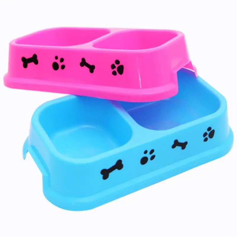 

Plastic Double Dog Food Bowl Cute Kitten Puppy Feeding Bowls Creative Dogs Feeding Food Water Bowl Small Dog Feeders Accessories