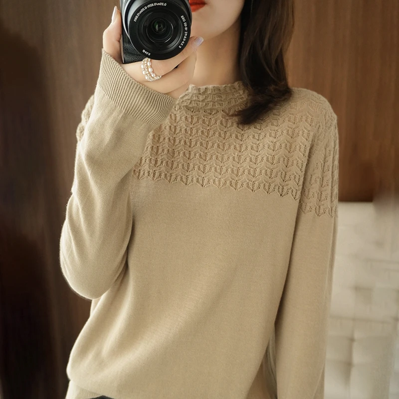 

knit autumn sweater half turtleneck long sleeves women's hollowed top stylish casual female cotton fashion pullover