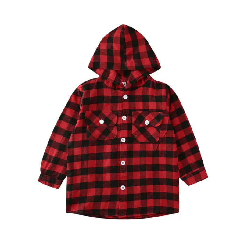 Toddler Kid Baby Boy Girl Shirt Red Plaid Fall Long Sleeve Pocket Hooded Top Sweatshirt Outerwear Coat Cute