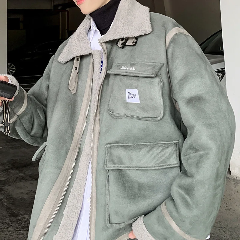 Plus Size 5XL Thicken Suede Cotton Jacket Men Japan Style Casual Winter Warm Loose Outerwear College Street Biker Khaki | Мужская одежда