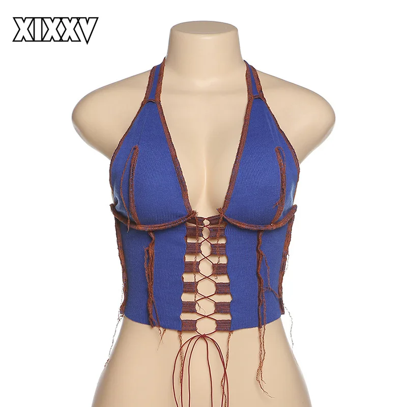 

Пикантная обувь для женщин с лямкой на шее с треугольным вырезом на шее Hollow Out камзол футболка с открытой спиной вязание без рукавов Croptop Vogue ...