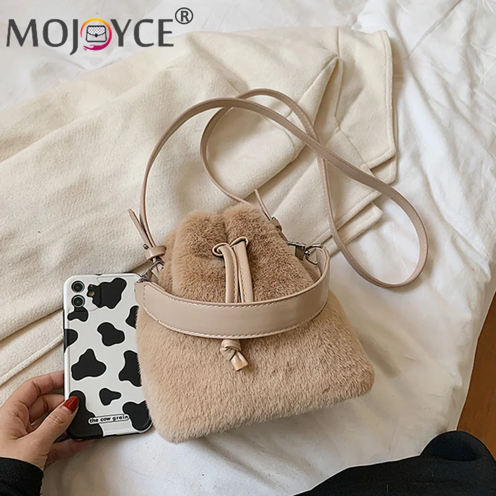

Women Autumn Winter Fashion Solid Color Shoulder Crossbody Bag Casual All-match Soft Plush Drawstring Travel Mini Bucket Handbag