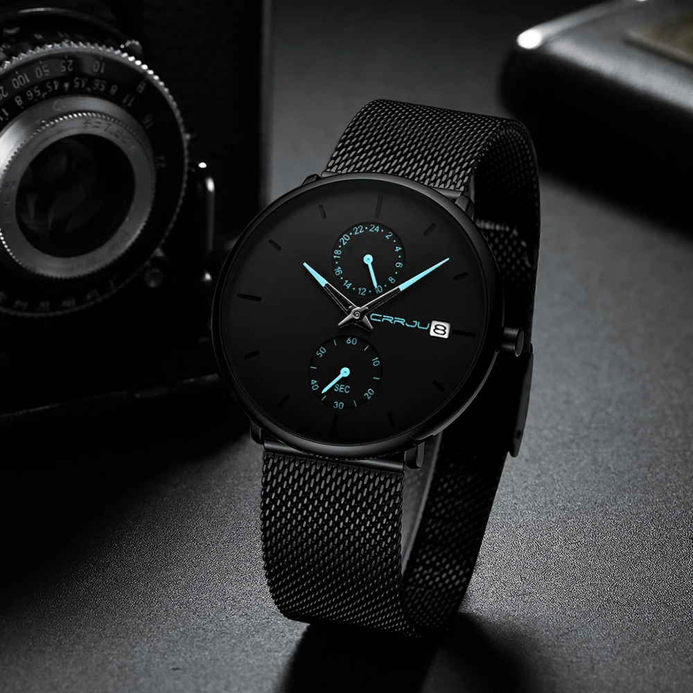 

Men Watch CRRJU Top Brand Waterproof Sports Wrist Watches Stainless Steel Mesh Male Clock Luxury Business Watch Men Auto Date