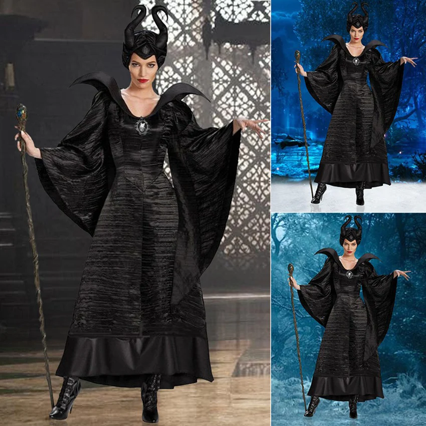 M-XL размера плюс Хэллоуин малефисент Косплей костюмы женщина страшный ужас комплект одежды с рогами Черная Королева ведьма одежда