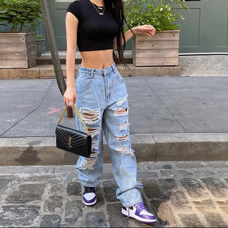 

2021 autumn women's new high-waisted holes loose fashion all-match casual jeans