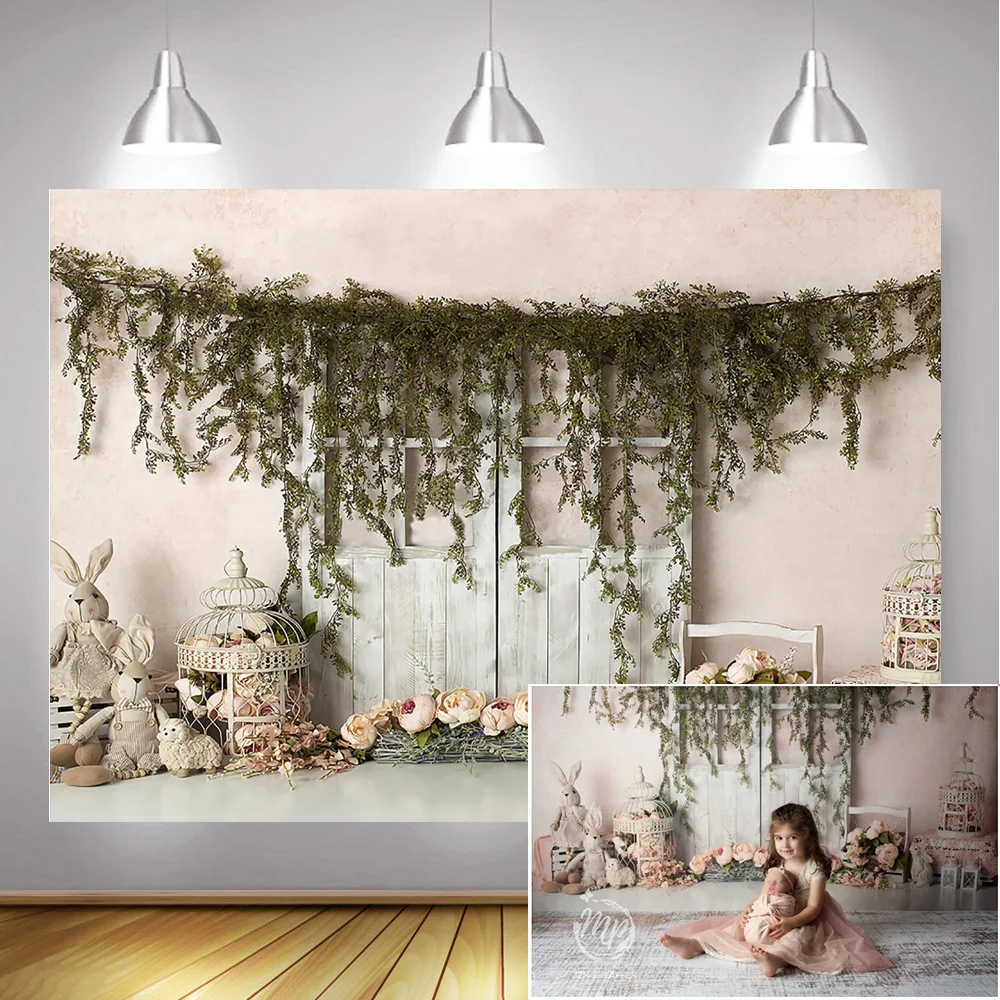 

Rabbit Newborn Children Portrait Photo Background Pink Rose Door 1st Birthday Party Cake Table Backdrop Photocall Photography