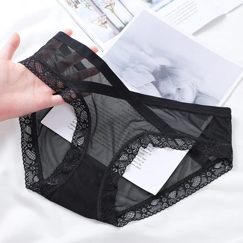 

Black Series Sexy Underwear Women's Low-Rise Lace Mesh Cotton Crotch Transparent Breathable Summer Briefs