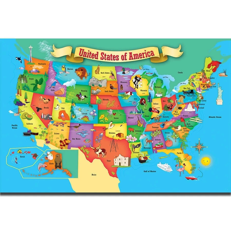 

World Map of Usa Nursery Posters and Prints Geography for Kids Education School Art Canvas Painting Child Bedroom Home Decor