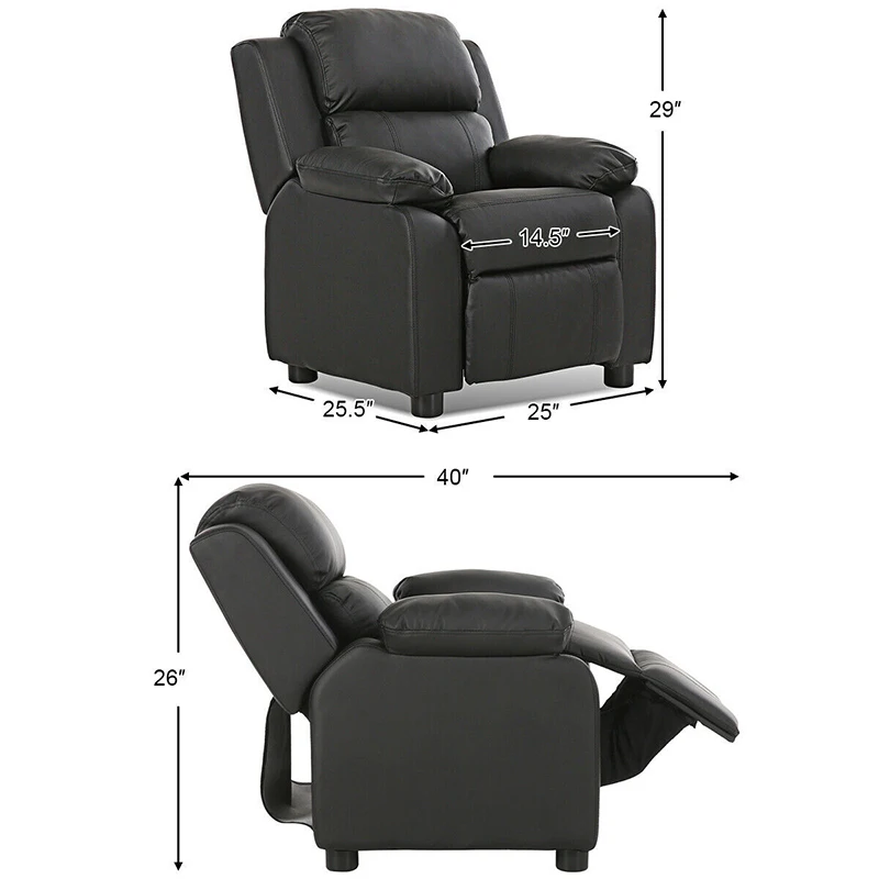 

Kids Deluxe Headrest Recliner Sofa Chair with Storage Arms Duty Wooden Frame Comfort Plush Padding Soft PU Leather Leisure Sofa