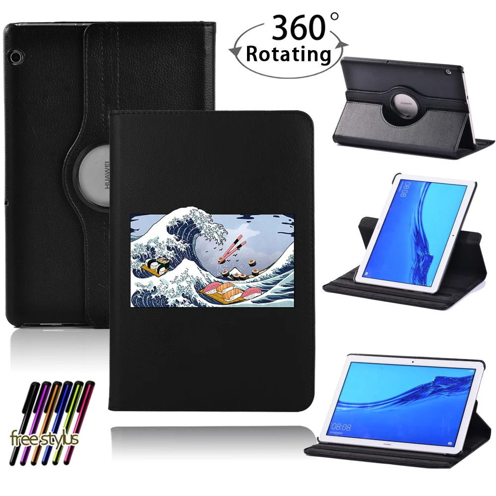 

For Huawei MediaPad T5 10 10.1"/T3 10 9.6" 360 Rotating Tablet Case Wave Pattern Folding Protective Shell Stand Cover+Stylus