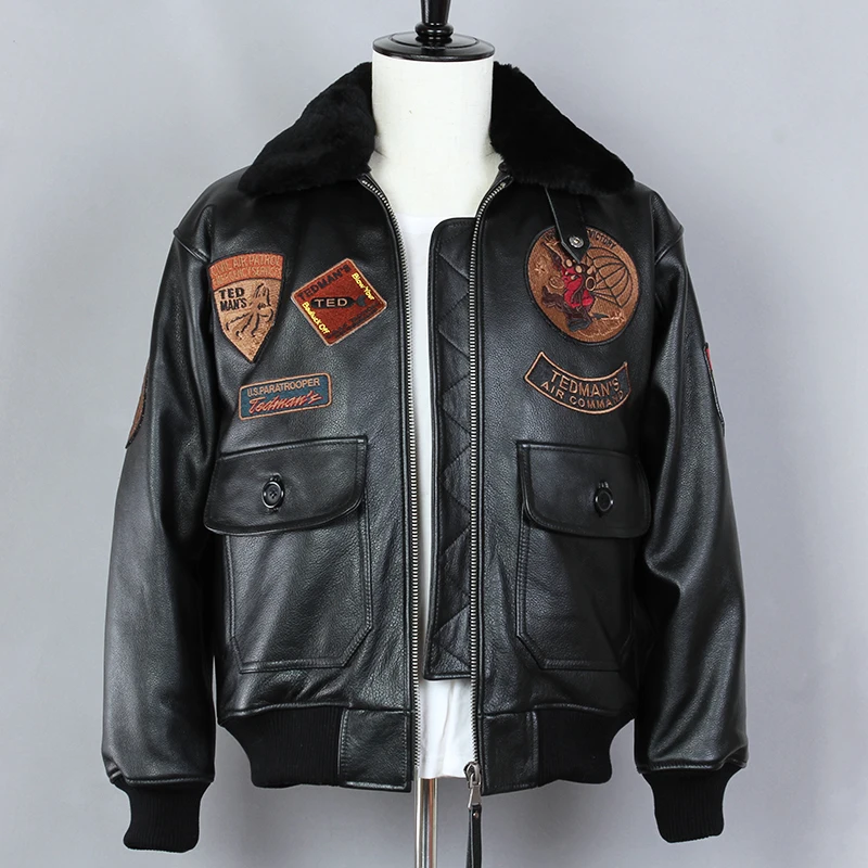 Мужская куртка бомбер FLY AVIREX модная из натуральной воловьей кожи с меховым