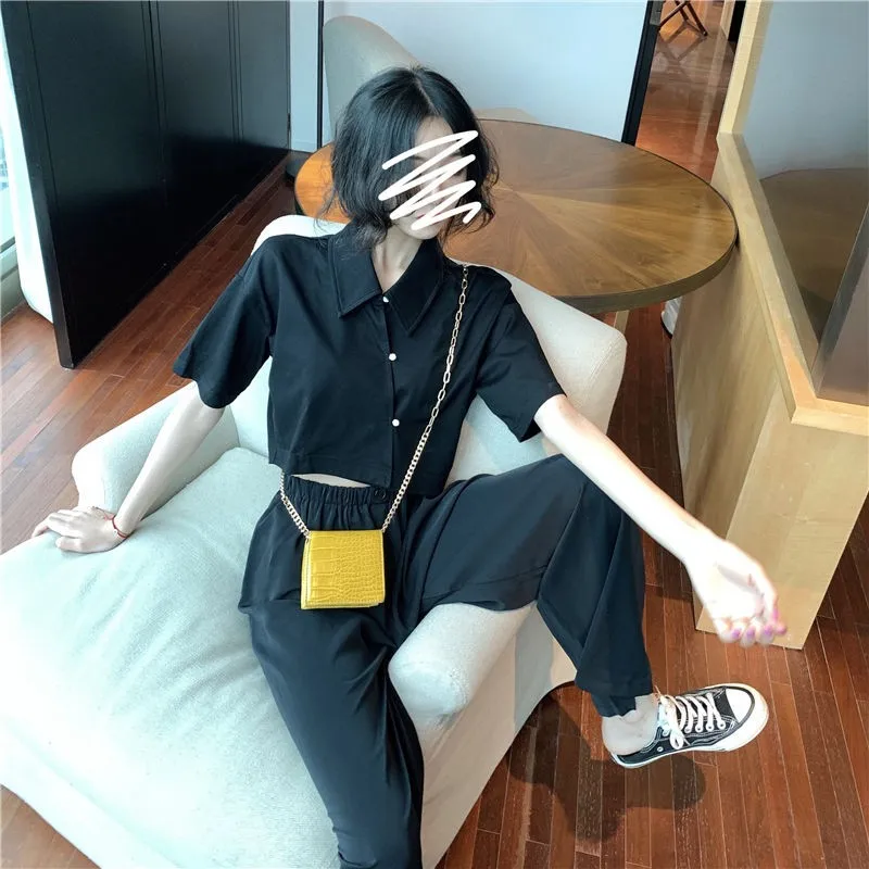 

NiceMix summer clothes women short tops and full-length wide leg pants sweatpants clothings two piece set 2020 matching sets