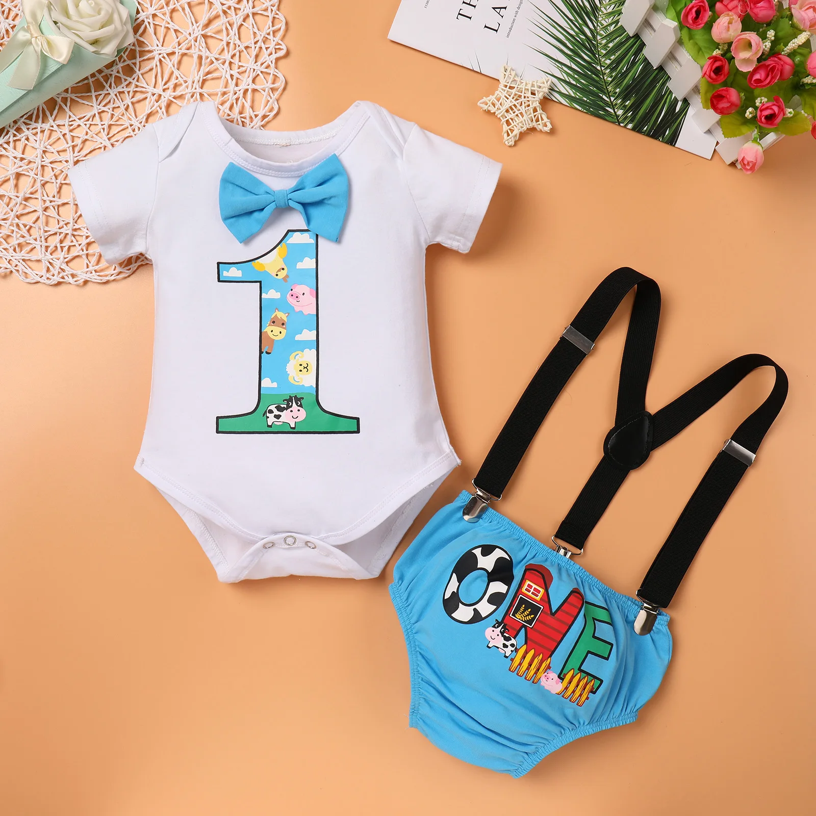 1 Year Birthday Sleeve Romper Baby Boy Clothes Cow Theme Cake Smash  Bodysuit Original Unique Daily Wear for Homewear Party