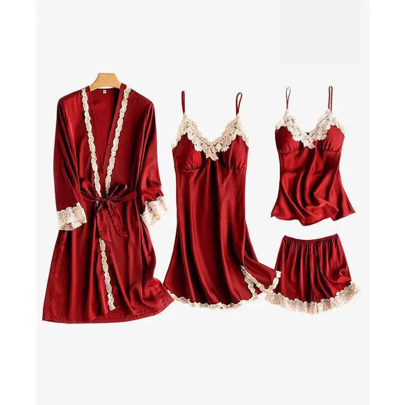 

Sexy Nightwear Kimono Robe 5PCS Pajamas Suit Satin Casual Homewear Intimate Lingerie Spring Autumn New Sleep Set Nightgown