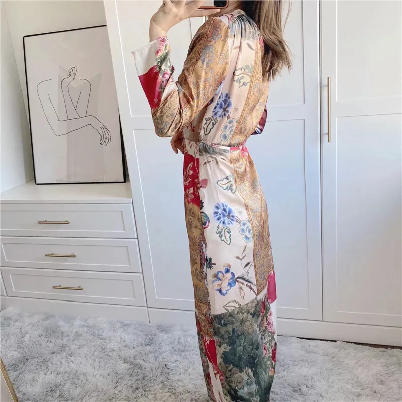 

Spring Dress Za 2021 Patchwork Floral Long Dress Women Elegant Belt Bow Vintage Wrap Midi Dresses Woman Fashion Long Sleeve