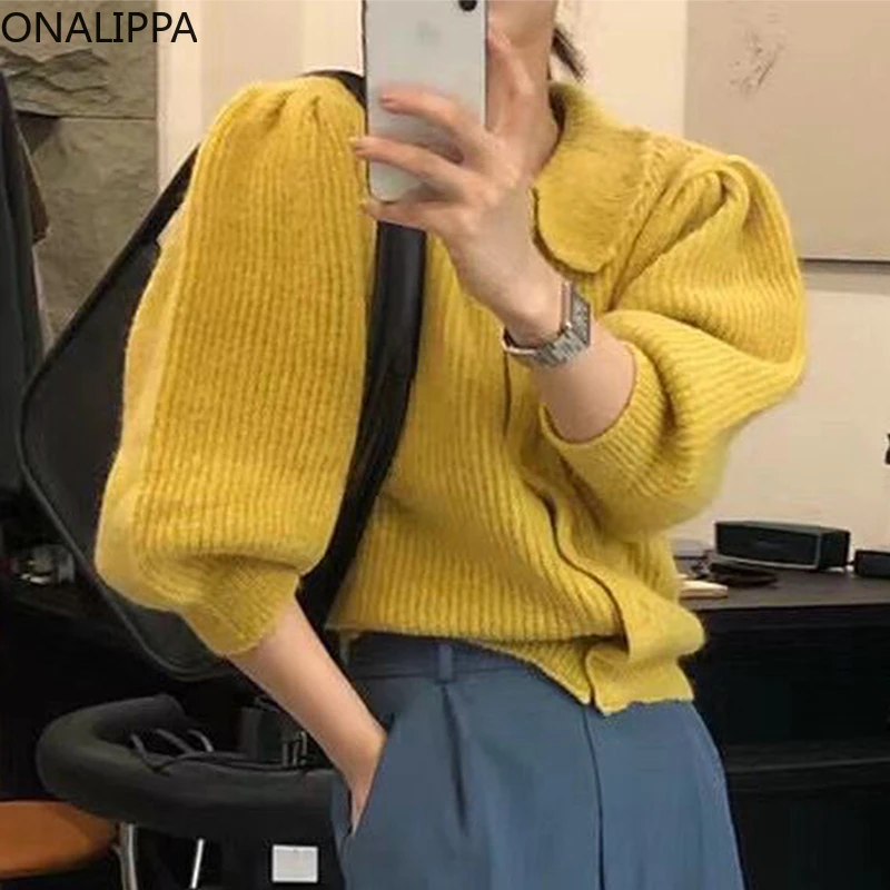 

ONALIPPA Knit Cardian Korean Autumn Winter Retro Gentle Show Skin White Lapel Single Breasted Loose Latern Sleeve Sweater Women