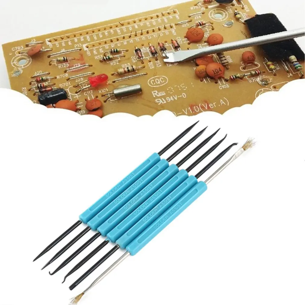 

6Pcs Welding Solder Soldering Station Iron Tool Electronic Heat Assist Set Knife Fork Reamer Chip Hold Brush Needle Kit