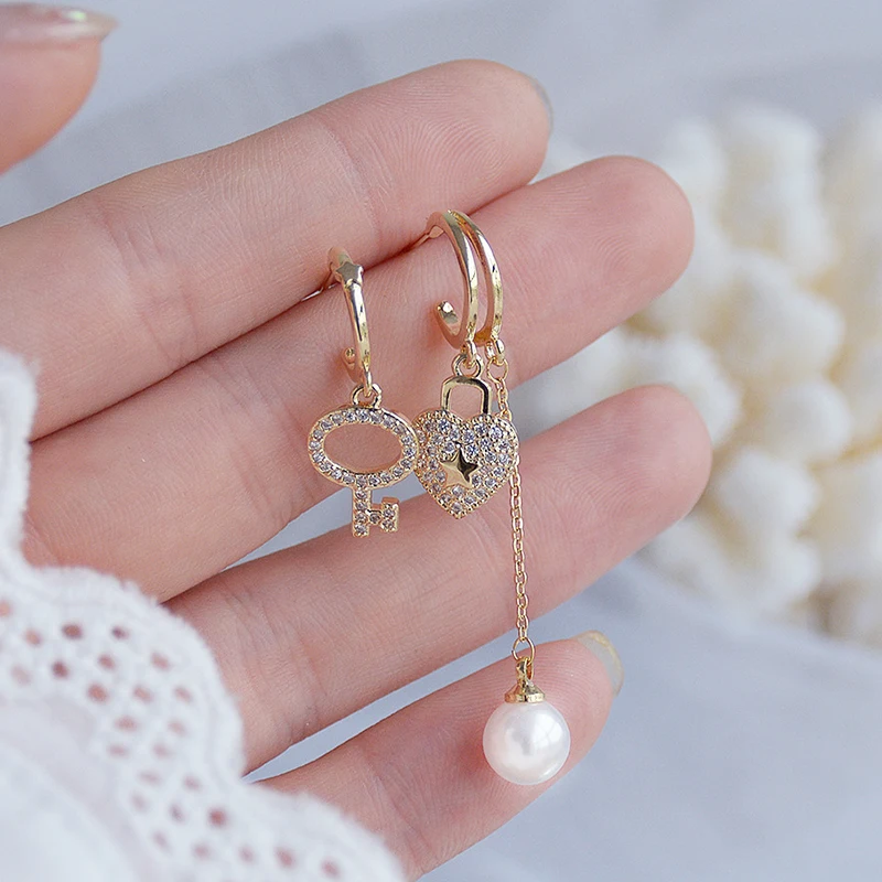 

Luxury 14K Real Gold Heart-shaped Key Lock Earrings for Women Jewelry Brilliant AAA Zircon S925 Silver Needle Stud Wedding Party