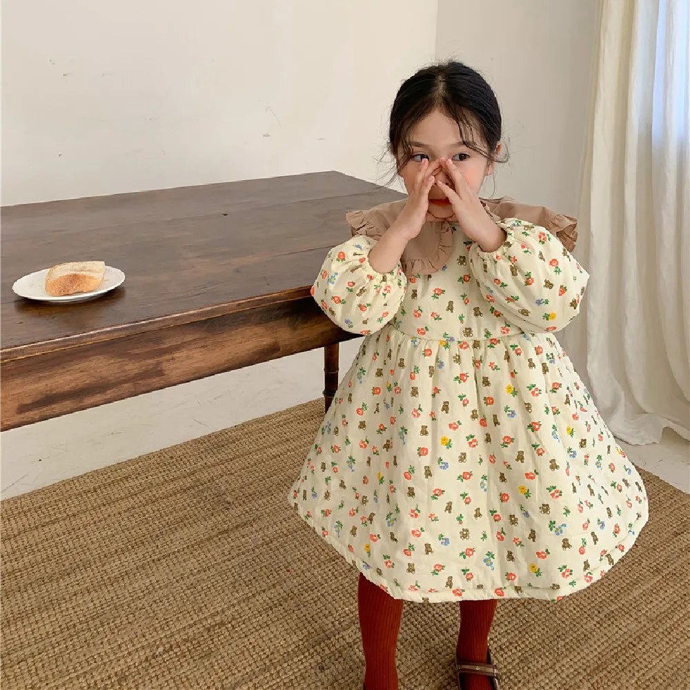 

2021 Winter New Kids Clothes Girls Dress Thicken Girls One Piece Turn-down Collar Dress Korean Children Dresses