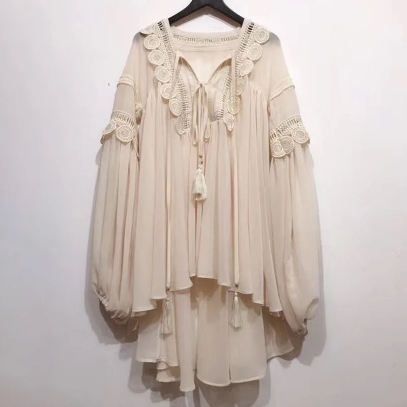 

VGH Casual Perspective Shirts For Women V Neck Lace Up Patchwork Asymmetrical Hem Hollow Out Blouses Female Fashion New Clothing